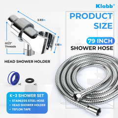Klabb K-3 Shower Set 79 Inches Stainless Steel Shower Hose with Adjustable Shower Arm Holder Shower Head Holder Replacement Shower Hose Head Holder with Inner Brass Ball.