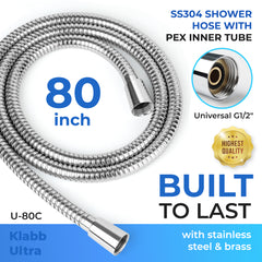 Klabb 80 Inch Extra Long Shower Hose, Chrome Finish Flexible Shower Replacement Hose with Extended Nuts, 3.6 GPM Flow Support, Anti-Kink 360° Reinforced PEX Inner Tube, G1/2