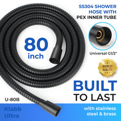 Klabb 80 Inch Extra Long Shower Hose,Bright black Flexible Shower Head Hose, Durable 360° Reinforced PEX Inner Tube, Smooth Flow Support up to 3.6 GPM, G1/2, High-end quality, ten-year warranty and replacement