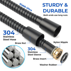 Klabb 80 Inch Extra Long Shower Hose,Bright black Flexible Shower Head Hose, Durable 360° Reinforced PEX Inner Tube, Smooth Flow Support up to 3.6 GPM, G1/2, High-end quality, ten-year warranty and replacement