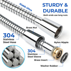 Klabb 80 Inch Extra Long Shower Hose, Chrome Finish Flexible Shower Replacement Hose with Extended Nuts, 3.6 GPM Flow Support, Anti-Kink 360° Reinforced PEX Inner Tube, G1/2