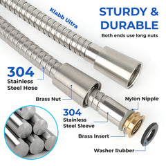 Klabb 80 Inch Extra Long Shower Hose, Stainless Steel Silver Finish Flexible Shower Head Hose, Durable 360° Reinforced PEX Inner Tube, Smooth Flow Support up to 3.6 GPM, G1/2