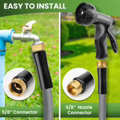 KLABB Garden Hose 5/8", Compact Steel Water Hose with 10-Function Nozzle, Lightweight & Rustproof, Kink-Free Hose for Balcony, Garden, Small Patio & RV Use