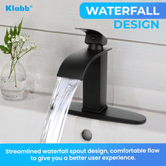 Klabb S16 Black Waterfall Spout Bathroom Faucet ,Single Handle Bathroom Vanity Sink Faucet, Rv Lavatory Vessel Faucet Basin Mixer Tap with Deck Plate , Solid Brass/ Matte Black