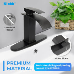 Klabb S16 Black Waterfall Spout Bathroom Faucet ,Single Handle Bathroom Vanity Sink Faucet, Rv Lavatory Vessel Faucet Basin Mixer Tap with Deck Plate , Solid Brass/ Matte Black