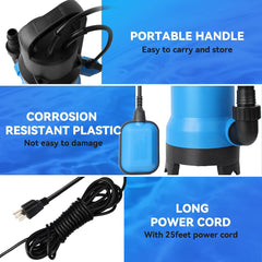 1.5HP Handy Utility Pump Submersible Water Pump 4500GPH High Flow to Remove Clean/Dirty Water for Swimming Pool Pond Hot Tub Flooded House Rain Barrel with 25ft Long Power Cord