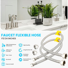 Klabb 24 inches Stainless Steel Line Connects Kitchen Sink to Water Supply, Braided Faucet Connector with 1/2 in x 3/8 in Brass Nut(2 Pack)