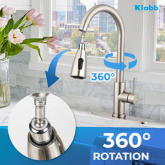Klabb S20 Single Handle High Brushed Nickel Pull Out Kitchen Faucet,Single Level Stainless Steel Kitchen Sink Faucets with Pull Down Sprayer