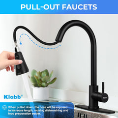 Klabb 8008 Kitchen Faucet Matte Black Single Handle Brass Pull Out Kitchen Faucet with Sprayer with Desk Plate