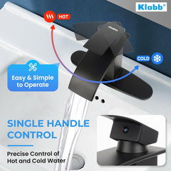 Klabb S16 Black Waterfall Spout Bathroom Faucet ,Single Handle Bathroom Vanity Sink Faucet, Rv Lavatory Vessel Faucet Basin Mixer Tap with Deck Plate , Solid Brass/ Matte Black