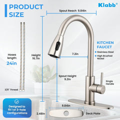 Klabb S20 Single Handle High Brushed Nickel Pull Out Kitchen Faucet,Single Level Stainless Steel Kitchen Sink Faucets with Pull Down Sprayer