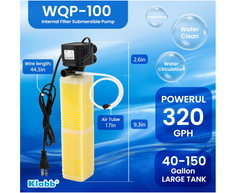 Klabb Aquarium Filter 320 GPH Submersible Internal Fish Tank Filters Large Tank Pond Clear for 40 to 150 Gal Tanks 4 in 1 Biochemical Filtration 1.2 m Lift Wavemaker and Air Supply 110V 60Hz