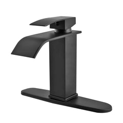 Klabb S16 Black Waterfall Spout Bathroom Faucet ,Single Handle Bathroom Vanity Sink Faucet, Rv Lavatory Vessel Faucet Basin Mixer Tap with Deck Plate , Solid Brass/ Matte Black