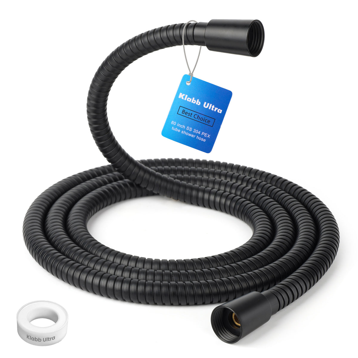 Klabb 80 Inch Extra Long Shower Hose,Bright black Flexible Shower Head Hose, Durable 360° Reinforced PEX Inner Tube, Smooth Flow Support up to 3.6 GPM, G1/2， High-end quality, ten-year warranty and replacement