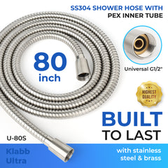 Klabb 80 Inch Extra Long Shower Hose, Stainless Steel Silver Finish Flexible Shower Head Hose, Durable 360° Reinforced PEX Inner Tube, Smooth Flow Support up to 3.6 GPM, G1/2