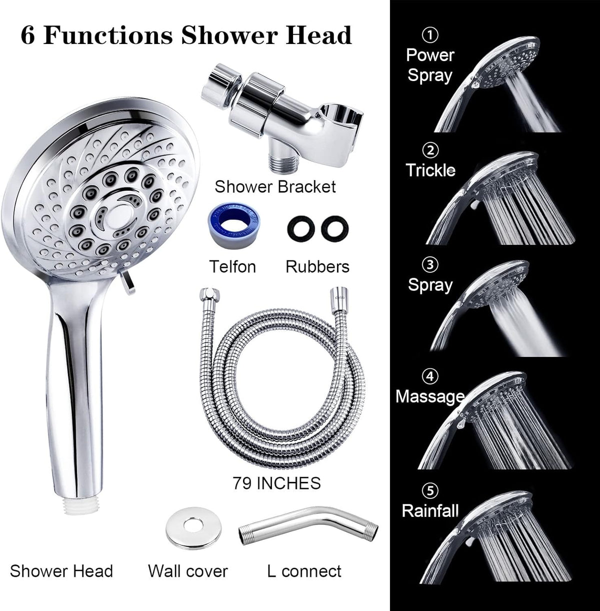 Klabb 4.3 inches High Pressure 5-mode Handheld Shower Head,Extra Long 79in Stainless Steel Hose, Wall & Overhead Brackets,Anti-clog Nozzles,power spray+trickle+massage+spray+rainfall