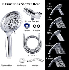 Klabb 4.3 inches High Pressure 5-mode Handheld Shower Head,Extra Long 79in Stainless Steel Hose, Wall & Overhead Brackets,Anti-clog Nozzles,power spray+trickle+massage+spray+rainfall