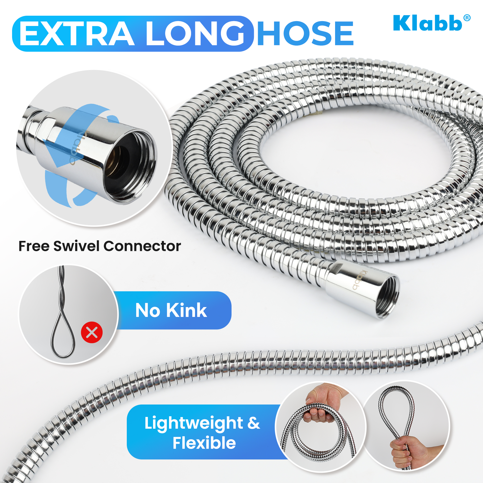 Klabb K-3 Shower Set 79 Inches Stainless Steel Shower Hose with Adjustable Shower Arm Holder Shower Head Holder Replacement Shower Hose Head Holder with Inner Brass Ball.