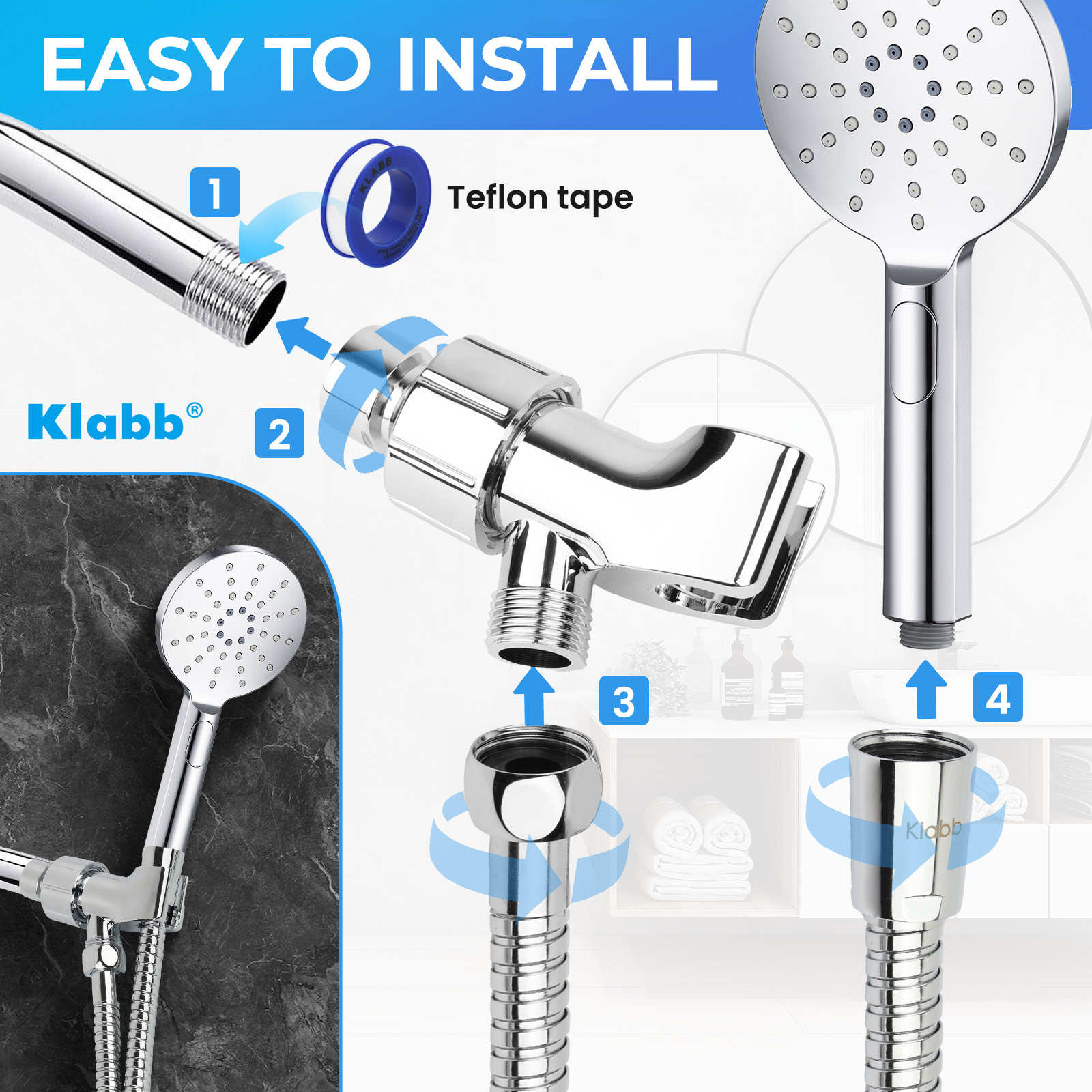 Klabb K-3 Shower Set 79 Inches Stainless Steel Shower Hose with Adjustable Shower Arm Holder Shower Head Holder Replacement Shower Hose Head Holder with Inner Brass Ball.