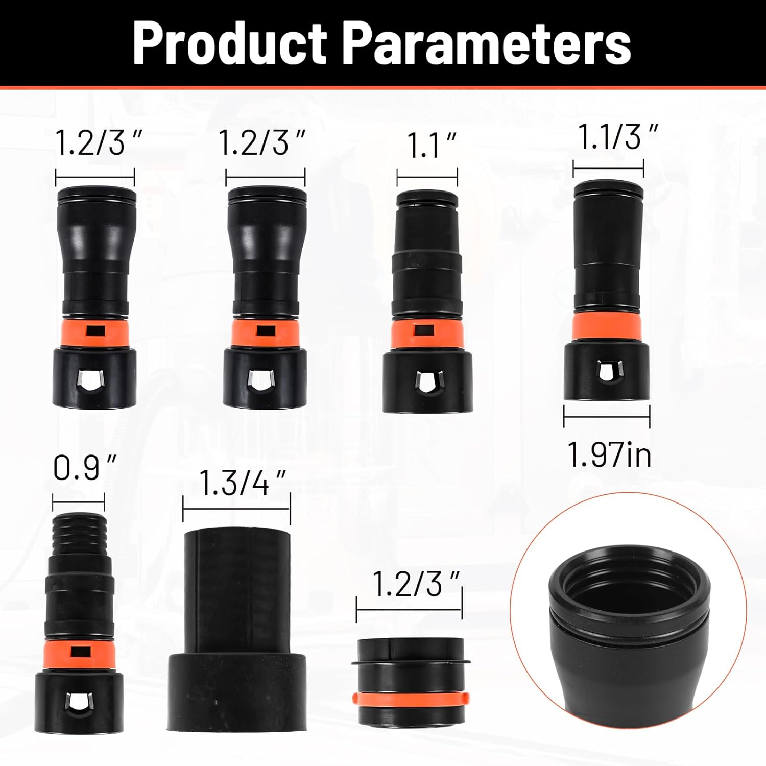 Klabb 7 Piece Dust Collection Hose Adapter Kit,Compatible with Most Woodworking Power Tools,Sanders,and Shop Vacuums,adapts to 1.2/3”,1.1'',1.1/3”,1.3/4”,0.9'' of multi brand power tool dust outlets