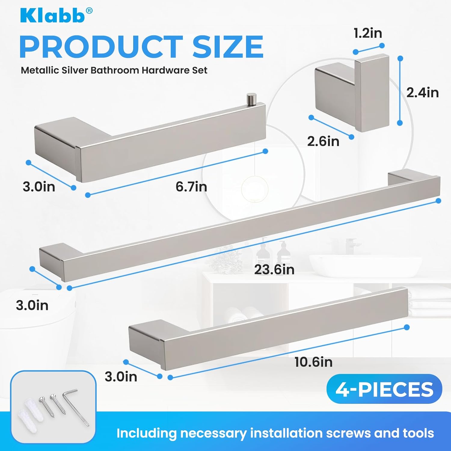 Klabb D68 4-Piece Sets SS304 Bathroom Hardware Accessory Set with 24" Towel Bar Nickle Brushed