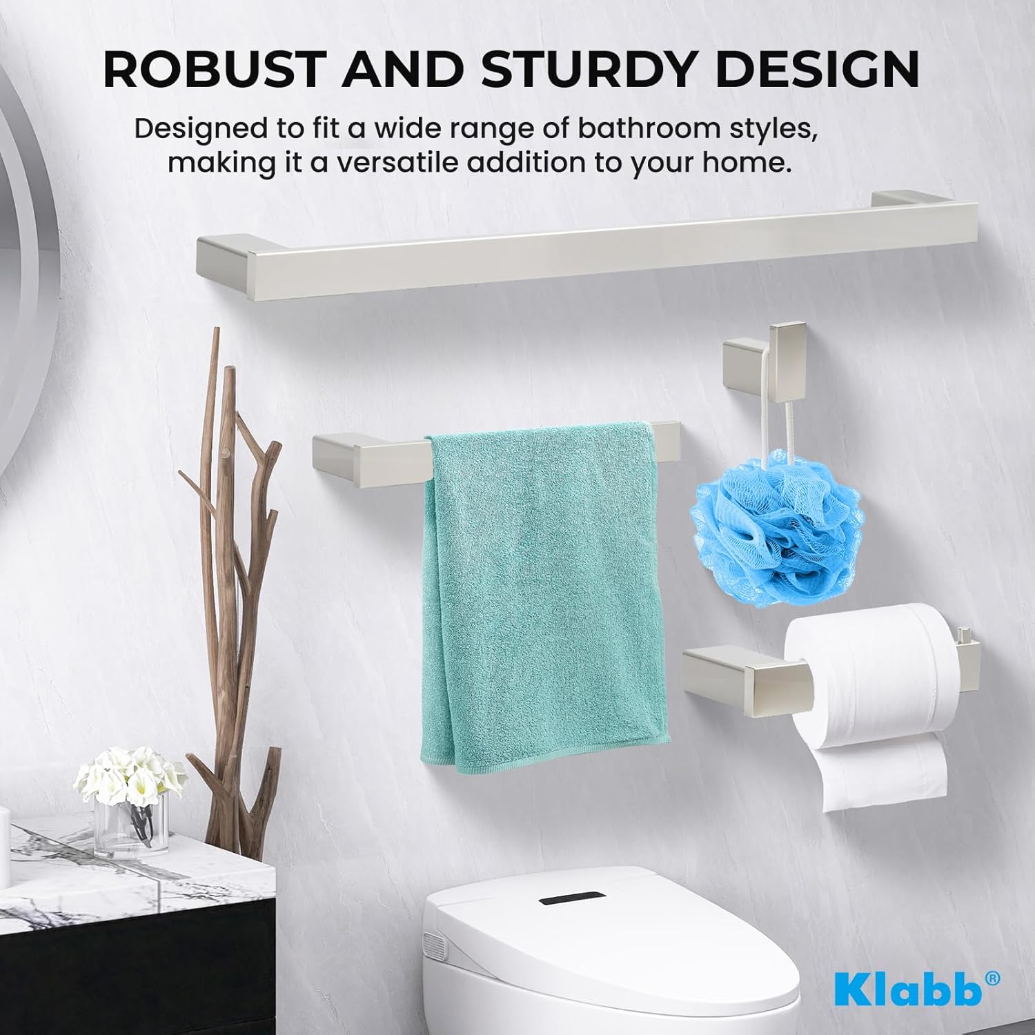 Klabb D68 4-Piece Sets SS304 Bathroom Hardware Accessory Set with 24" Towel Bar Nickle Brushed