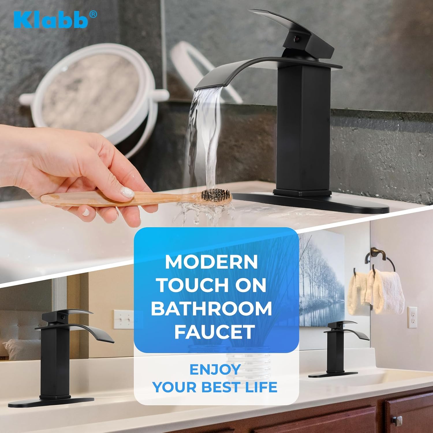 Klabb S16 Black Waterfall Spout Bathroom Faucet ,Single Handle Bathroom Vanity Sink Faucet, Rv Lavatory Vessel Faucet Basin Mixer Tap with Deck Plate , Solid Brass/ Matte Black