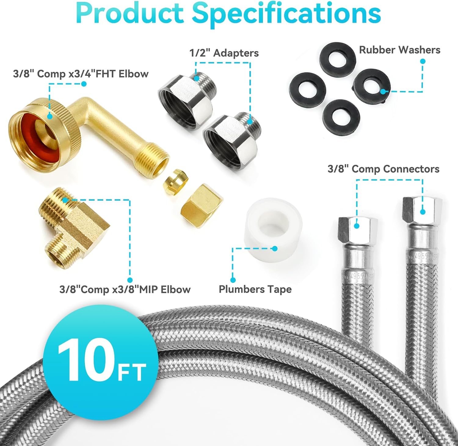 Klabb Dishwasher Installation Kit 10 FT,Premium Stainless Steel Braided Dishwasher Hose kit,Leak-Free Hose,Easy Setup,dishwasher water supply line,3/8" Comp x 3/8" Elbow & All Fittings Included