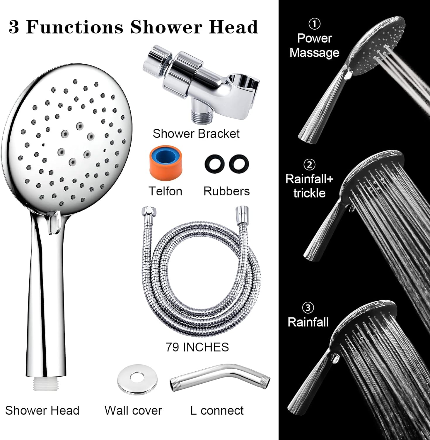 Klabb shower set K-5 High Pressure Chrome Face Handheld Shower 4.7 inches with Hose with 3 function.Power Massage+Rainfall+Trickle