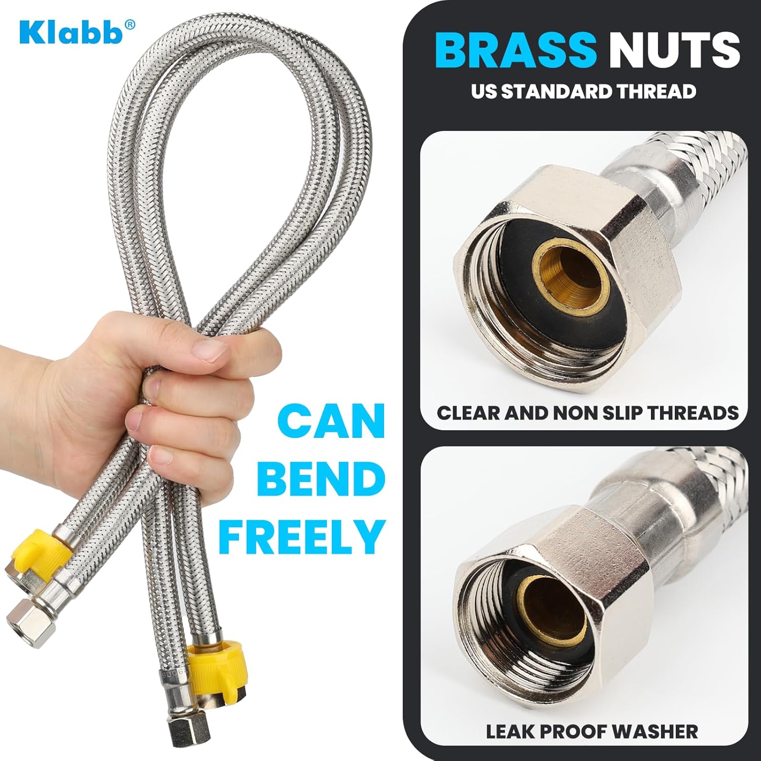 Klabb 24 inches Stainless Steel Line Connects Kitchen Sink to Water Supply, Braided Faucet Connector with 1/2 in x 3/8 in Brass Nut(2 Pack)