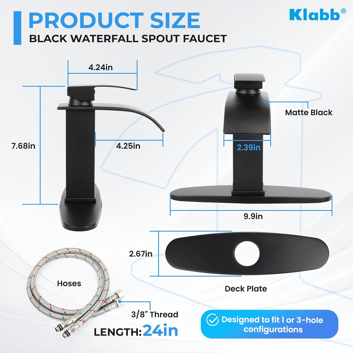 Klabb S16 Black Waterfall Spout Bathroom Faucet ,Single Handle Bathroom Vanity Sink Faucet, Rv Lavatory Vessel Faucet Basin Mixer Tap with Deck Plate , Solid Brass/ Matte Black