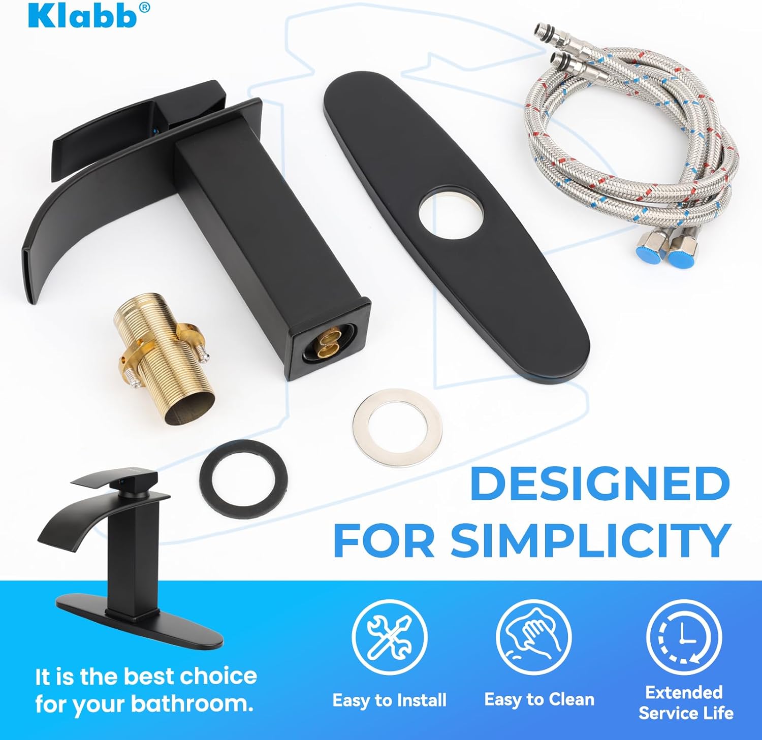 Klabb S16 Black Waterfall Spout Bathroom Faucet ,Single Handle Bathroom Vanity Sink Faucet, Rv Lavatory Vessel Faucet Basin Mixer Tap with Deck Plate , Solid Brass/ Matte Black