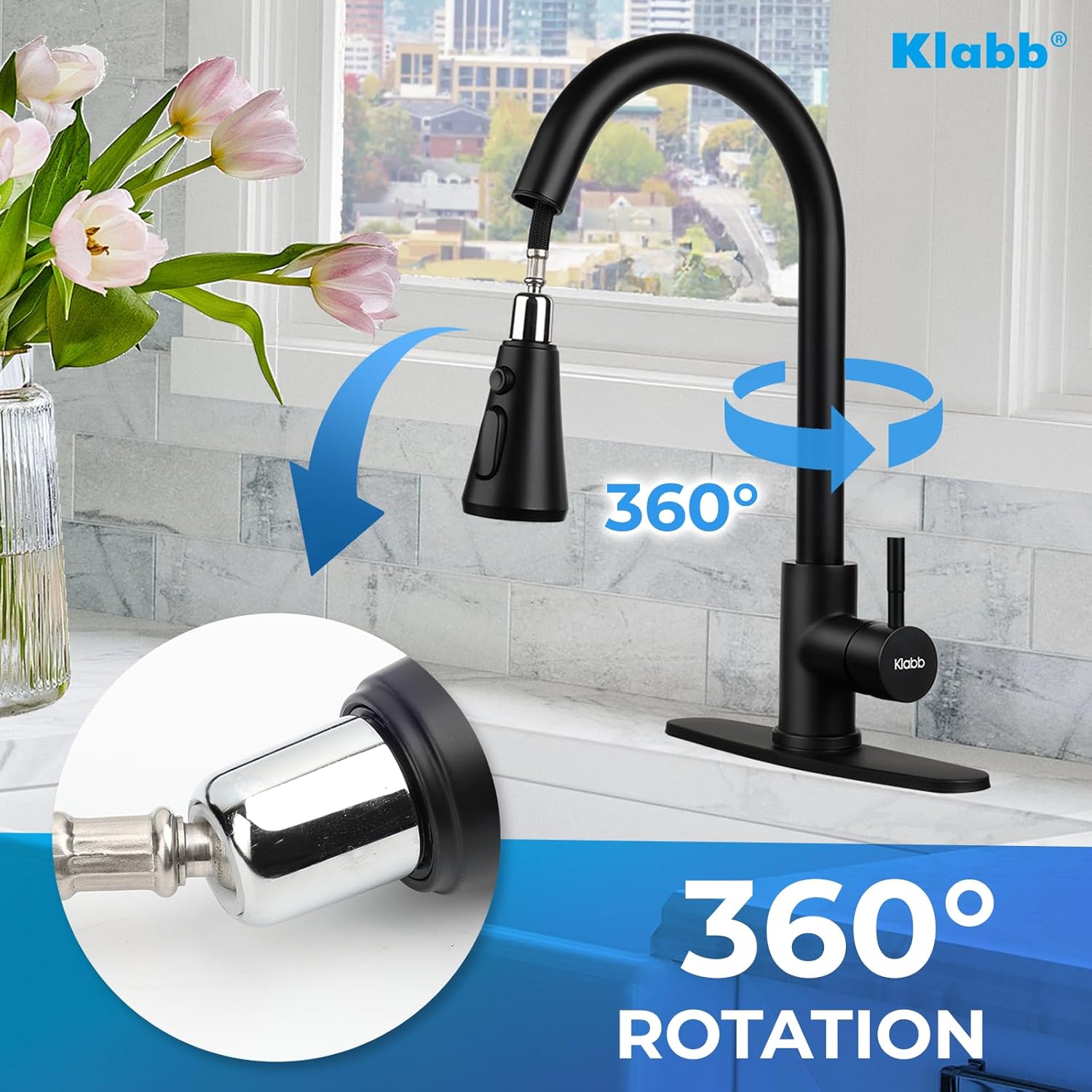 Klabb 8008 Kitchen Faucet Matte Black Single Handle Brass Pull Out Kitchen Faucet with Sprayer with Desk Plate