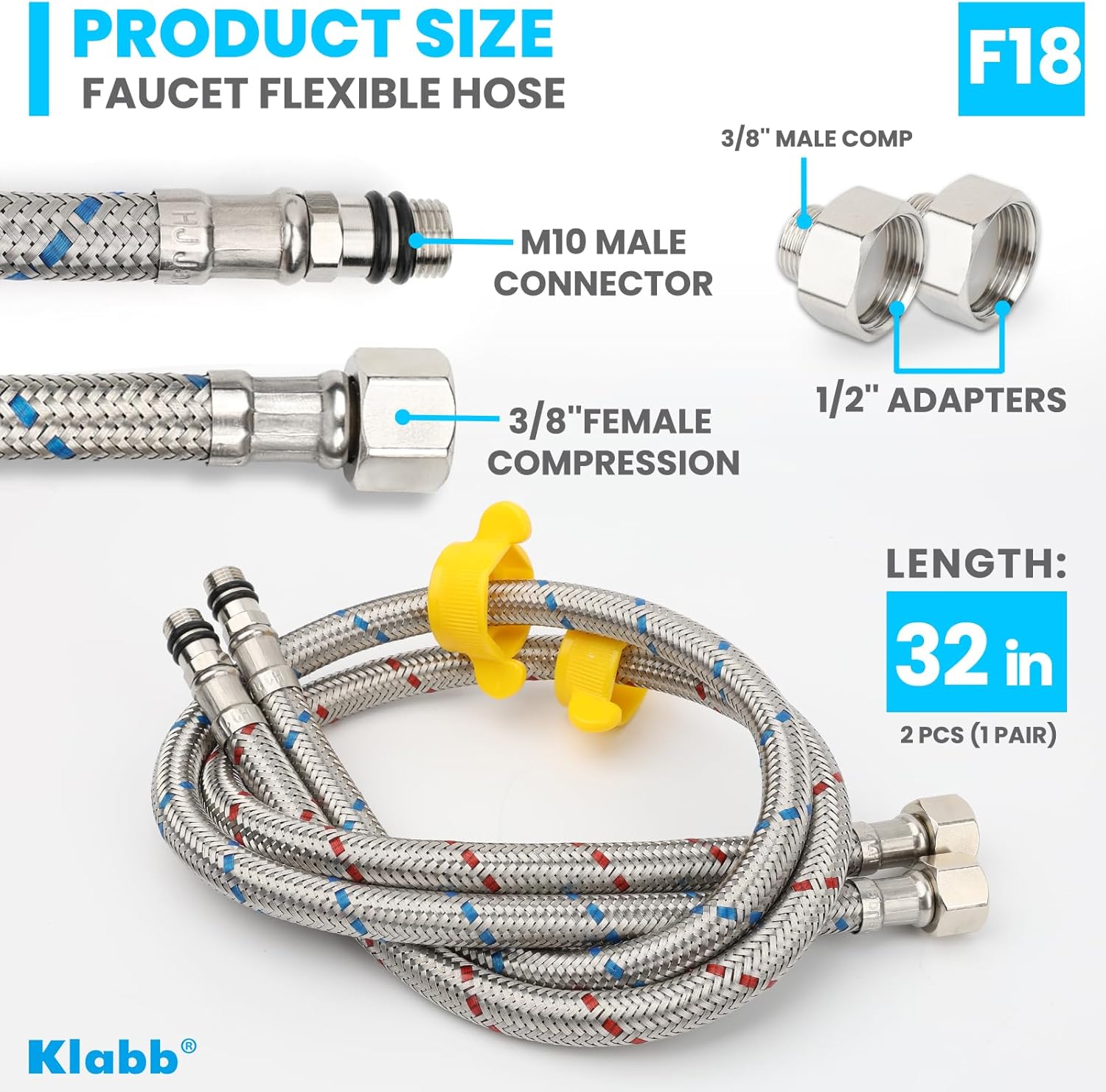 Klabb 32-Inch Faucet Supply Line, 3/8" Compression Inlet with 1/2" Adapter, Stainless Steel Braided Water Hose for Bathroom or Kitchen Sink.faucet connect side is M10