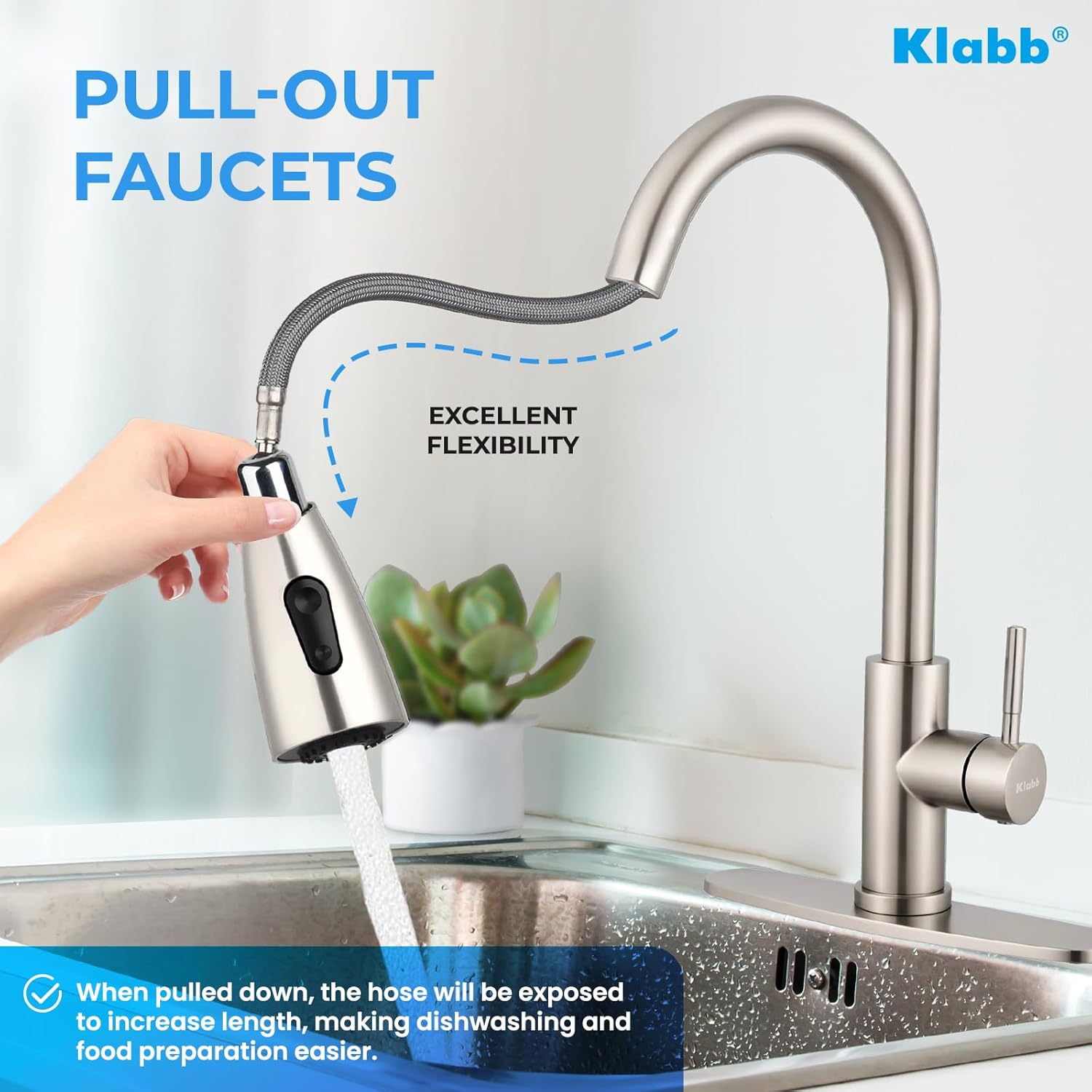 Klabb S20 Single Handle High Brushed Nickel Pull Out Kitchen Faucet,Single Level Stainless Steel Kitchen Sink Faucets with Pull Down Sprayer