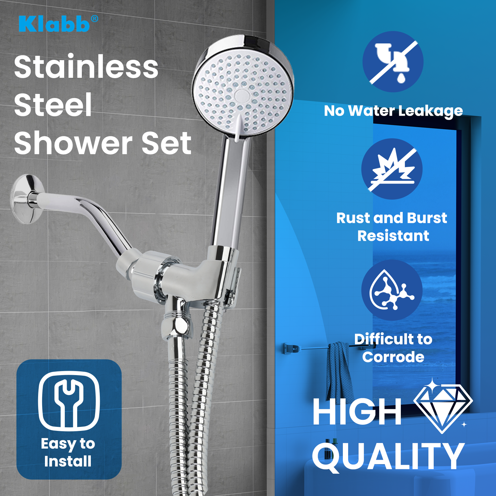 Klabb K-3 Shower Set 79 Inches Stainless Steel Shower Hose with Adjustable Shower Arm Holder Shower Head Holder Replacement Shower Hose Head Holder with Inner Brass Ball.