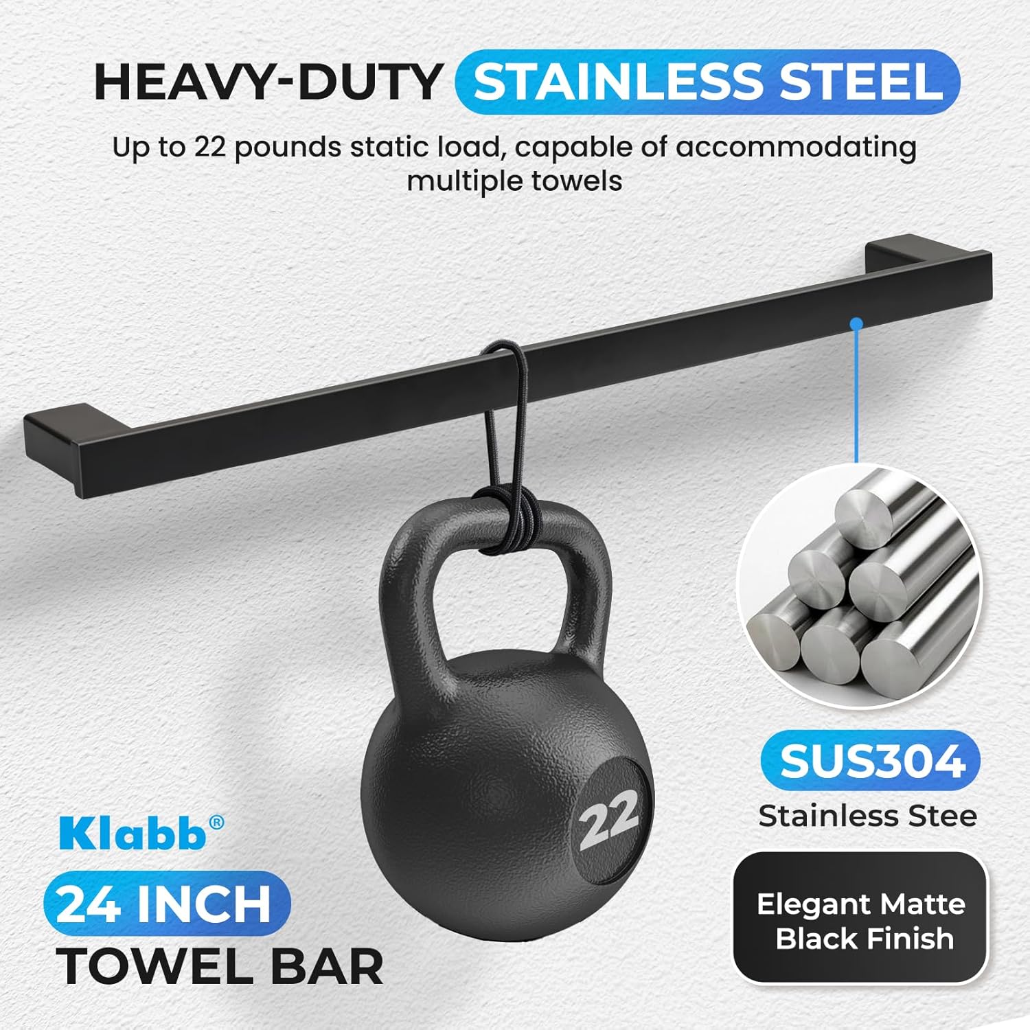 Klabb B58 4-Piece ss304 Bathroom Hardware Accessory Set with 24" Towel Bar -Matte Black
