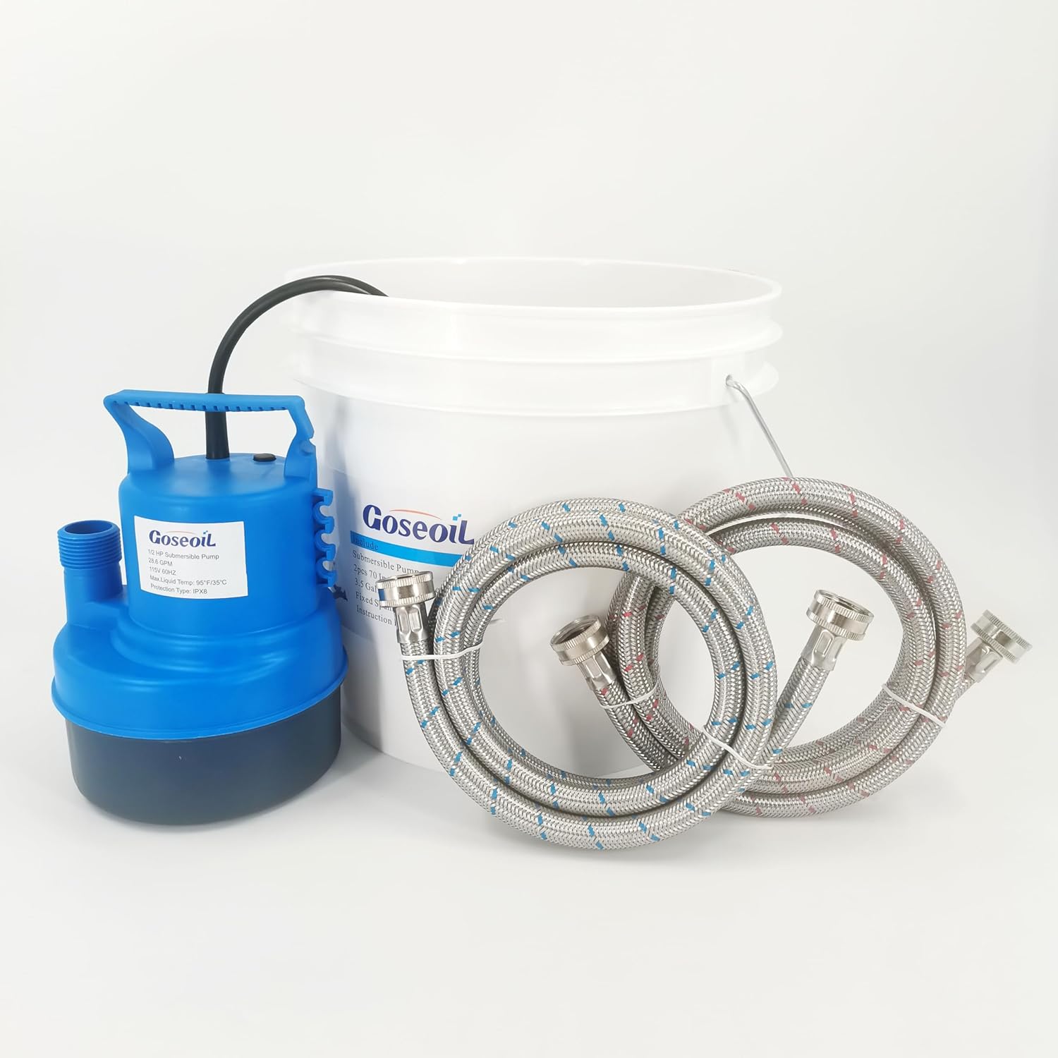 Tankless Water Heater Flushing Kit Includes 1/2HP Submersible Utility Water Pump,Two 3/4"GHT x 6' Stainless Steel Color Coded Hoses and 3.5Gallon Pail