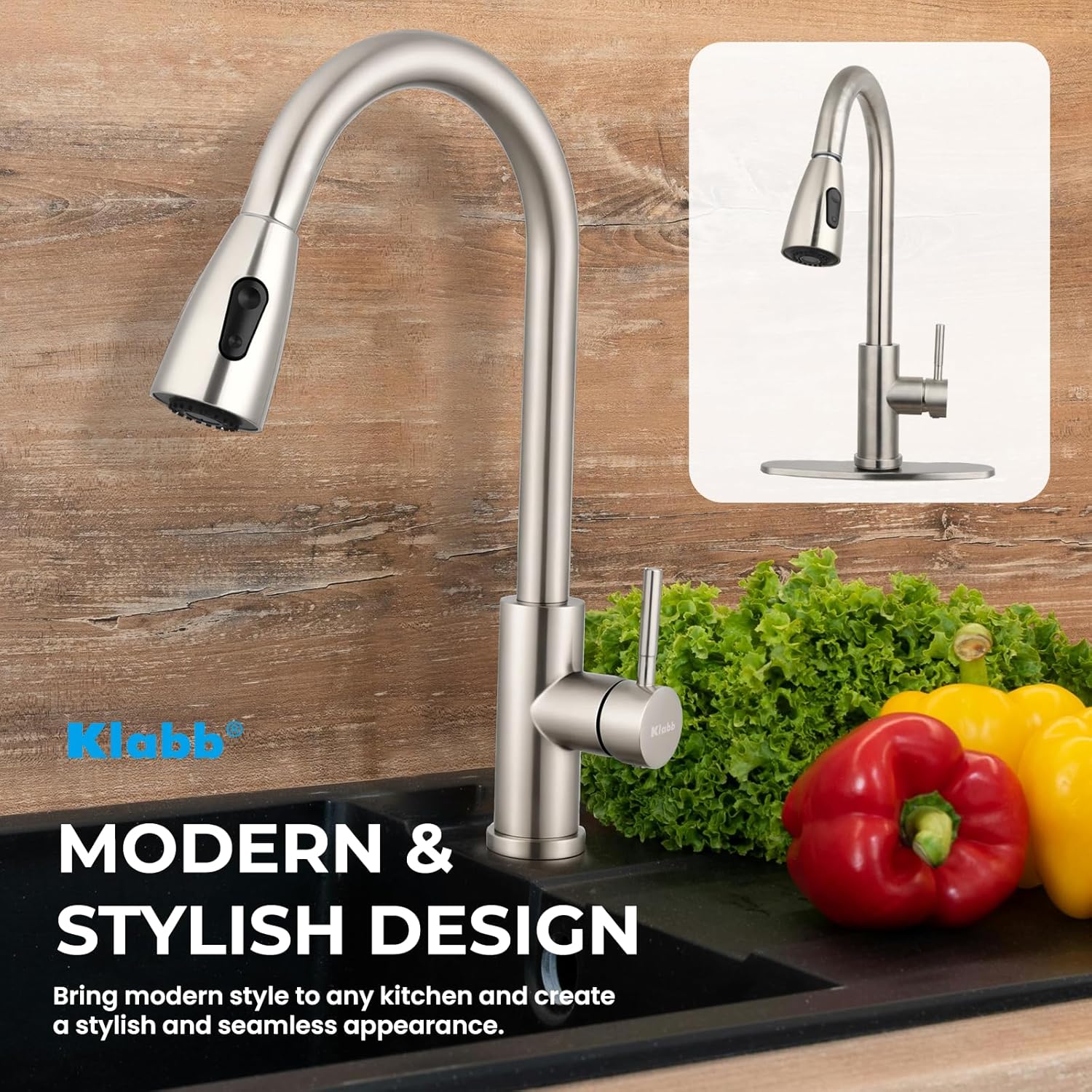 Klabb S20 Single Handle High Brushed Nickel Pull Out Kitchen Faucet,Single Level Stainless Steel Kitchen Sink Faucets with Pull Down Sprayer
