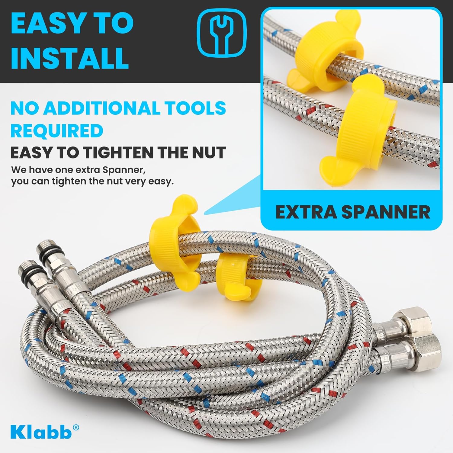 Klabb 32-Inch Faucet Supply Line, 3/8" Compression Inlet with 1/2" Adapter, Stainless Steel Braided Water Hose for Bathroom or Kitchen Sink.faucet connect side is M10