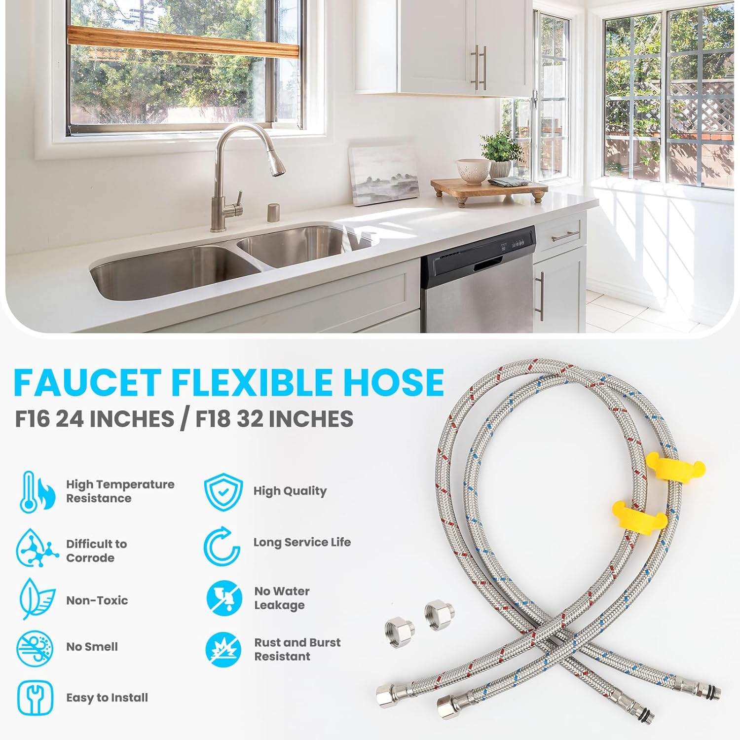 Klabb 32-Inch Faucet Supply Line, 3/8" Compression Inlet with 1/2" Adapter, Stainless Steel Braided Water Hose for Bathroom or Kitchen Sink.faucet connect side is M10