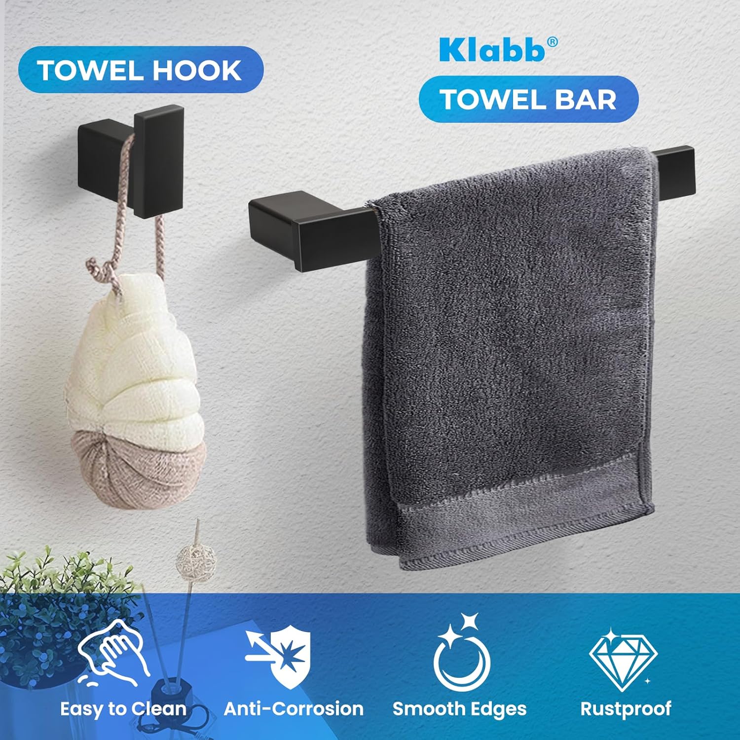 Klabb B58 4-Piece ss304 Bathroom Hardware Accessory Set with 24" Towel Bar -Matte Black