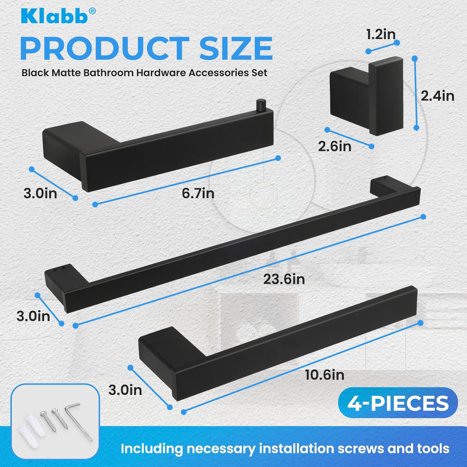 Klabb B58 4-Piece ss304 Bathroom Hardware Accessory Set with 24" Towel Bar -Matte Black