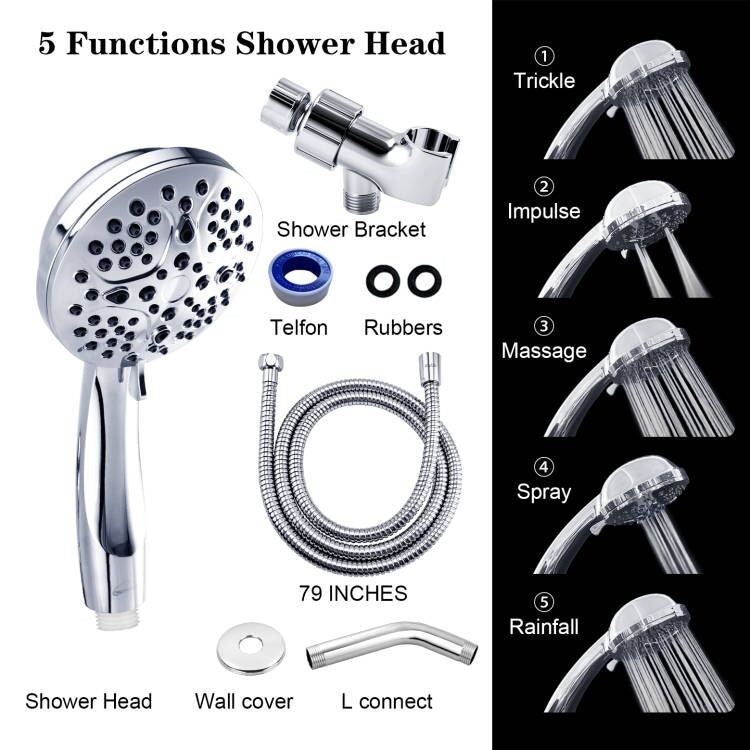 Klabb shower set K-7 High Pressure 3.9 inches Chrome Face Handheld Shower with Hose with 5 function.impluse+trickle+massage+spray+rainfall