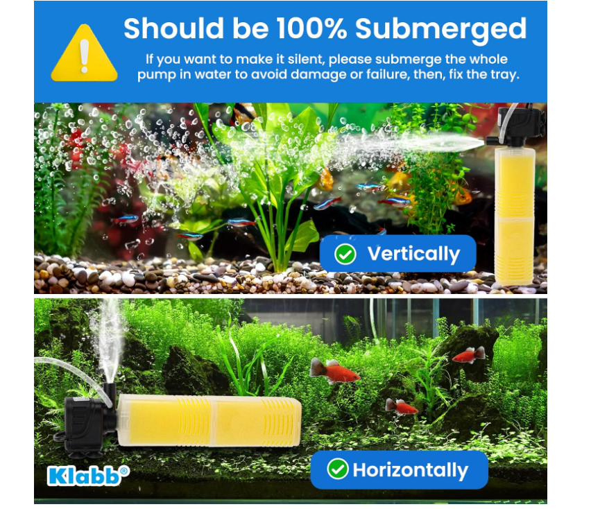 Klabb Aquarium Filter 320 GPH Submersible Internal Fish Tank Filters Large Tank Pond Clear for 40 to 150 Gal Tanks 4 in 1 Biochemical Filtration 1.2 m Lift Wavemaker and Air Supply 110V 60Hz